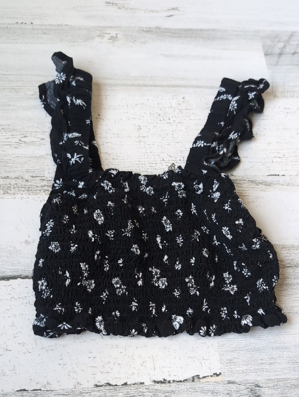 wonder nation Black Smocked Floral Ruffle Tank Top